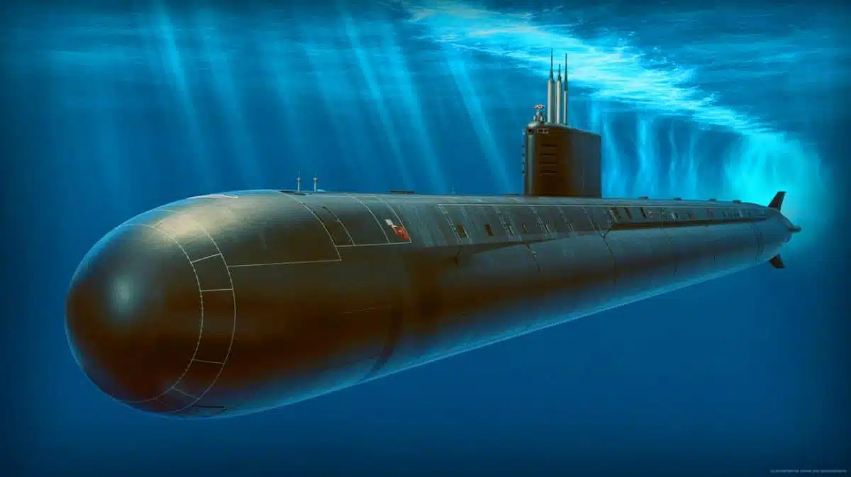 Illustration of the Virginia Block V submarine showcasing its enlarged hull and advanced missile capabilities, generated by artificial intelligence.
