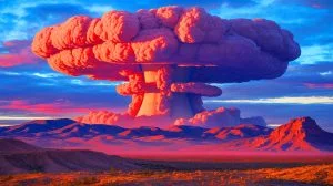 Illustration of the aftermath of the 1945 Trinity nuclear test in New Mexico, generated by artificial intelligence.