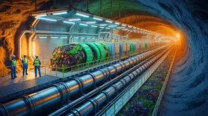 Illustration of Microsoft's initiative to offset AI carbon emissions by burying waste underground, generated by artificial intelligence.