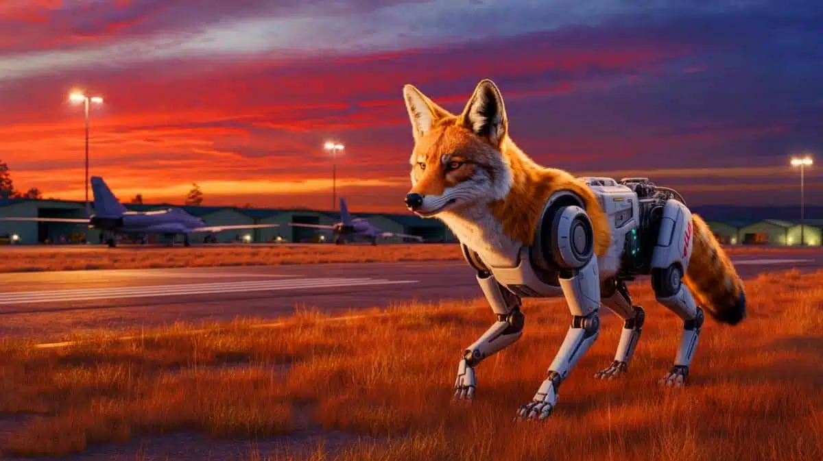 Illustration of robot coyotes patrolling an airfield for wildlife deterrence, generated by artificial intelligence.