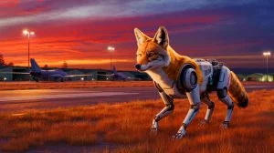 Illustration of robot coyotes patrolling an airfield for wildlife deterrence, generated by artificial intelligence.