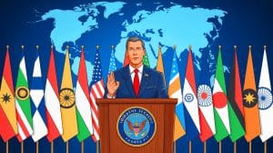 Illustration of U.S. Defense Secretary Pete Hegseth addressing Indo-Pacific allies about China's military threats. Image generated by AI.