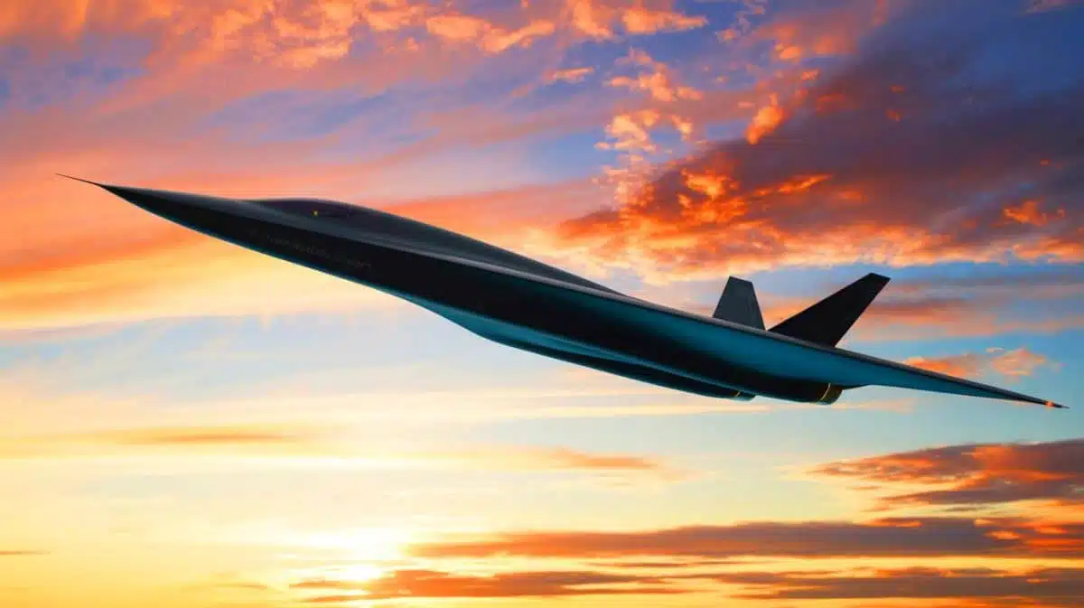 Illustration of the SR-72 "Darkstar" hypersonic aircraft in flight, an artificial illustration.