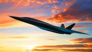 Illustration of the SR-72 "Darkstar" hypersonic aircraft in flight, an artificial illustration.