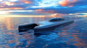 Illustration of the VENOM unmanned surface vehicle navigating through maritime environments, generated by artificial intelligence.