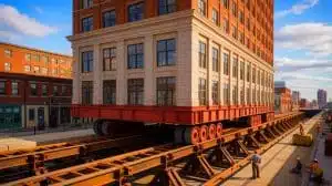 Illustration of the historic relocation of the Indiana Bell Building in 1930 using innovative engineering techniques. Image generated by AI.