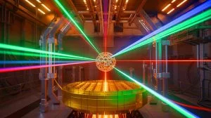 Illustration of the National Ignition Facility's fusion experiment setup, featuring high-powered lasers converging on a fuel pellet, generated by artificial intelligence.