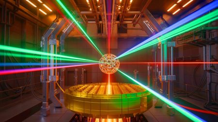 Illustration of the National Ignition Facility's fusion experiment setup, featuring high-powered lasers converging on a fuel pellet, generated by artificial intelligence.