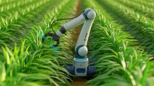 Illustration of a robotic arm using sound waves for navigation in an agricultural setting, generated by artificial intelligence.