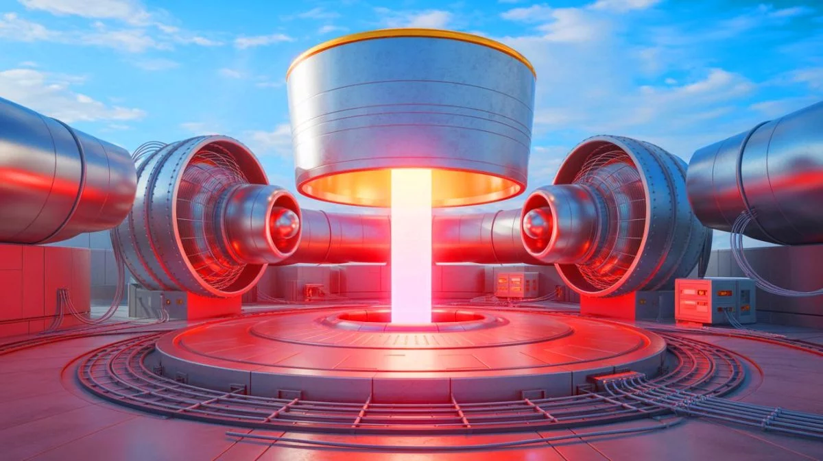 Illustration of a futuristic nuclear fusion power plant and its advanced engineering components, generated by artificial intelligence.
