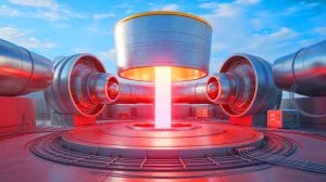 Illustration of a futuristic nuclear fusion power plant and its advanced engineering components, generated by artificial intelligence.