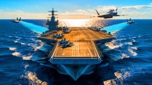 Illustration of the USS Gerald R. Ford aircraft carrier, generated by artificial intelligence.