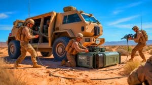 Illustration of the U.S. Navy's Hydrogen Small Unit Power (H-SUP) device in a military operation.