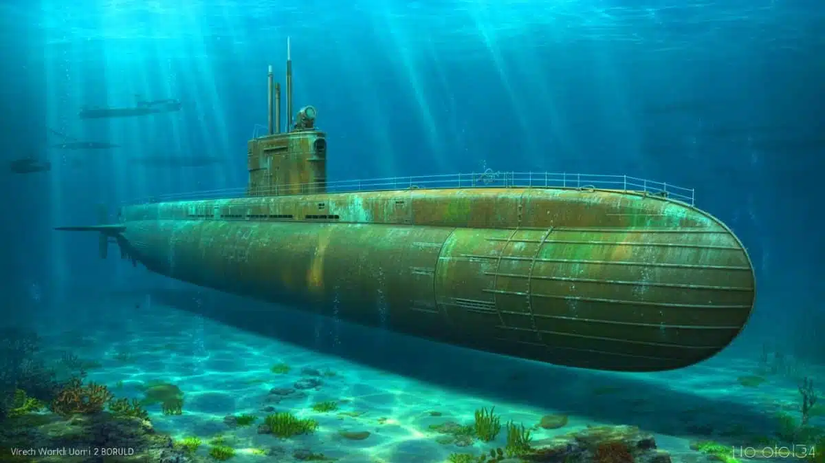 Illustration of the rediscovered French World War I submarine Floréal resting on the seabed, generated by artificial intelligence.