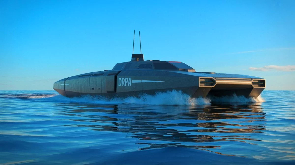 Illustration of the USX-1 Defiant, an autonomous naval vessel developed by DARPA, as an artificial illustration.