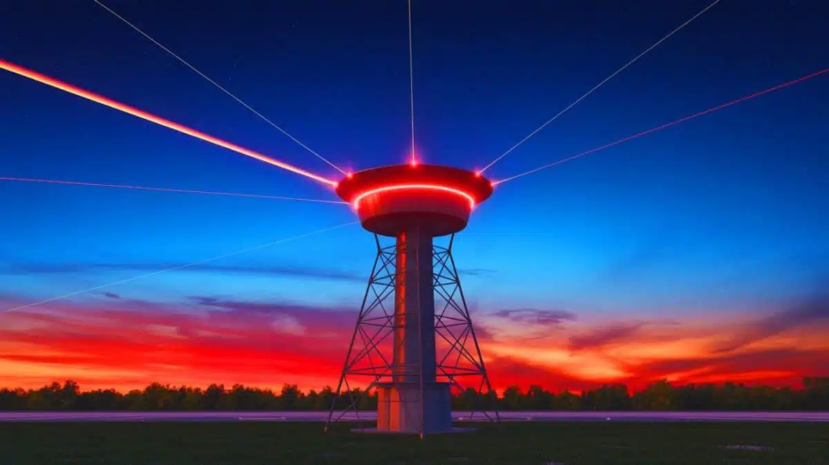 Illustration of airport radar systems inadvertently acting as cosmic beacons, generated by artificial intelligence.