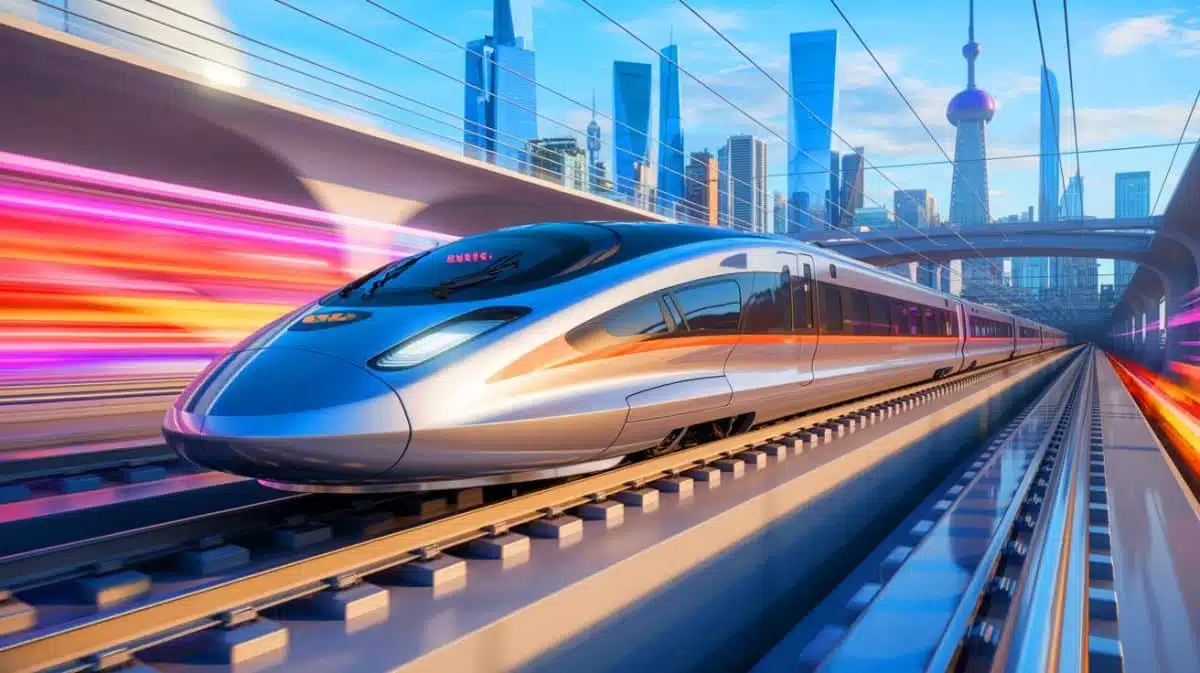 Illustration of China's CR450 high-speed train highlighting engineering innovation in rail transport, artificially generated.