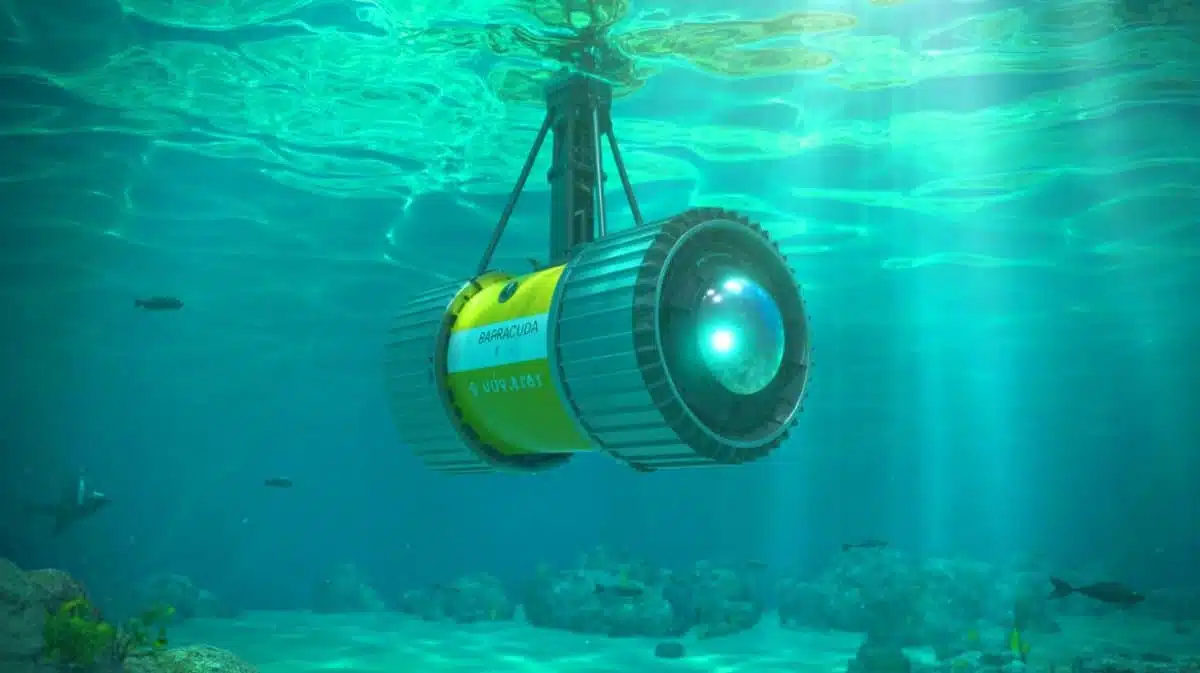 Illustration of the Barracuda mine neutralization system operating autonomously in open waters, generated by artificial intelligence.