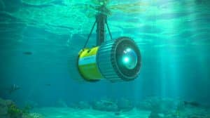 Illustration of the Barracuda mine neutralization system operating autonomously in open waters, generated by artificial intelligence.