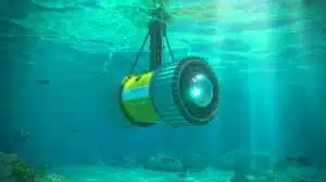Illustration of the Barracuda mine neutralization system operating autonomously in open waters, generated by artificial intelligence.