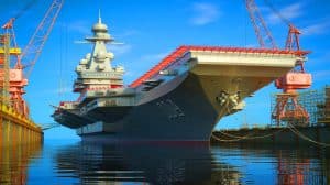 Illustration of the Admiral Kuznetsov aircraft carrier undergoing modernization challenges.
