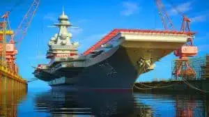 Illustration of the Admiral Kuznetsov aircraft carrier undergoing modernization challenges.