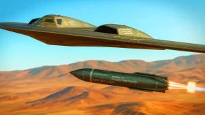 Illustration of the GBU-57/B "Massive Ordnance Penetrator" being deployed by a B-2 Spirit stealth bomber, targeting underground bunkers, generated by artificial intelligence.