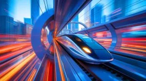 Illustration of the T-Flight maglev train achieving record-breaking speeds in a low-vacuum tube, generated by artificial intelligence.