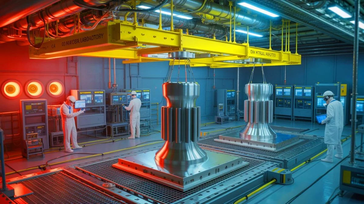 Illustration of 3D-printed stainless steel components tested in a nuclear reactor, generated by artificial intelligence.