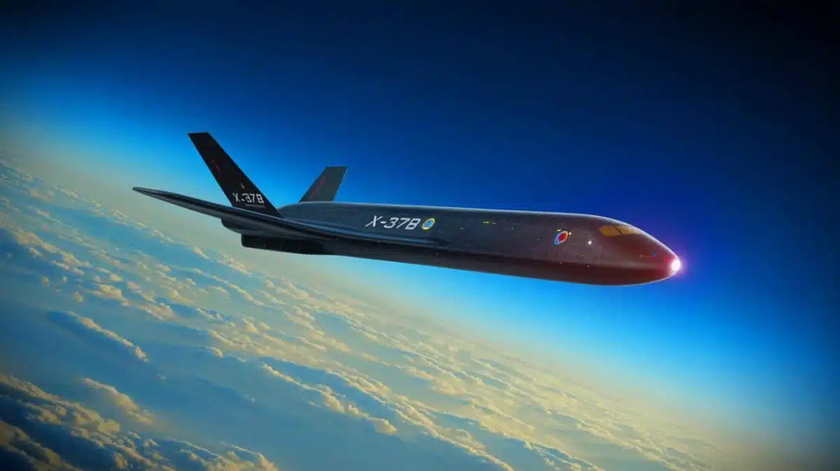 Illustration of the X-37B spaceplane performing an aerobraking maneuver in Earth's orbit, generated by artificial intelligence.