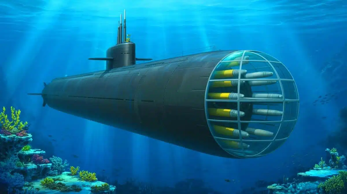 Illustration of the Virginia Block V attack submarine, designed to redefine undersea warfare. Image generated by AI.