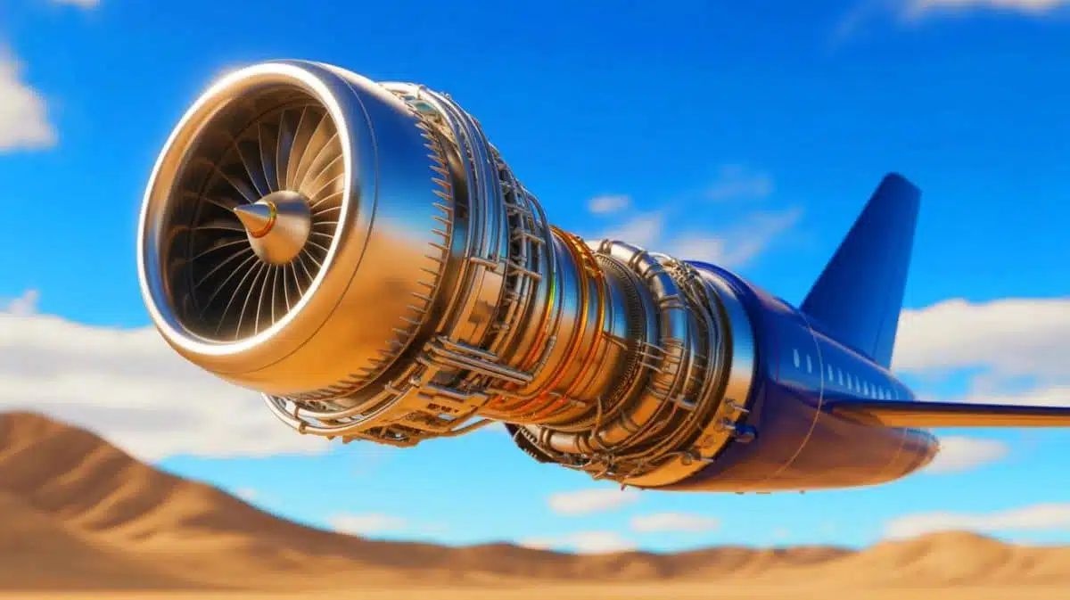 Illustration de l'innovant moteur à réaction miniature chinois imprimé en 3D lors de son vol inaugural. Image réalisée par IA.