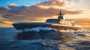 Illustration de l'USX-1 Defiant, navire autonome révolutionnaire développé par la Darpa, générée par intelligence artificielle.