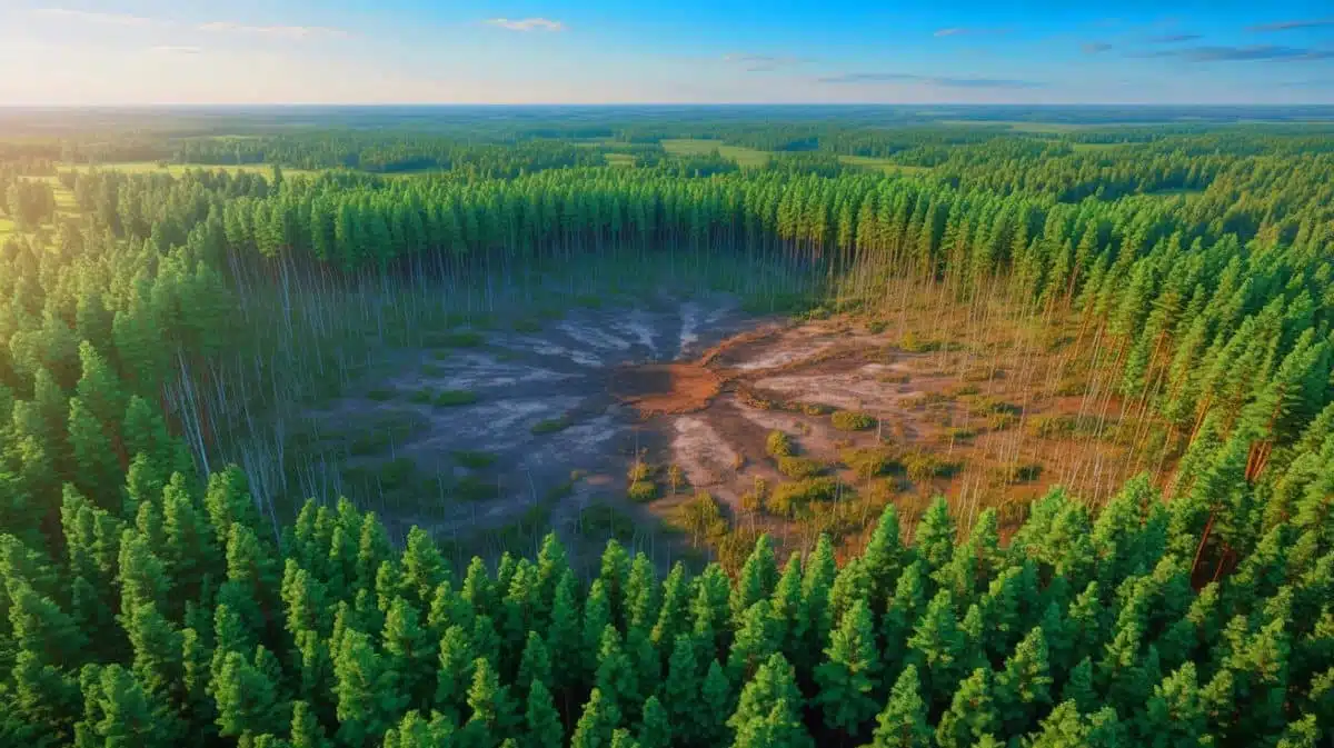 Illustration of the Tunguska event blast site as seen in NASA satellite imagery, generated by artificial intelligence.