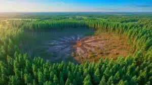 Illustration of the Tunguska event blast site as seen in NASA satellite imagery, generated by artificial intelligence.