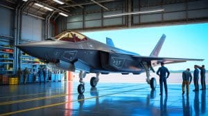Illustration of China's J-35 stealth fighter jets in a Shenyang hangar, generated by artificial intelligence.