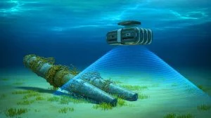 Illustration of underwater sound wave technology detecting unexploded munitions on the seafloor, generated by artificial intelligence.