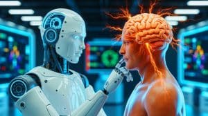 Illustration de l'interaction entre l'intelligence artificielle et la cognition humaine. Image réalisée par IA.