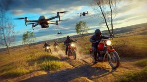 Illustration de l'utilisation stratégique de motos par les forces russes pour échapper à la surveillance des drones, image générée par intelligence artificielle.