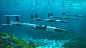 Illustration of SG-1 Fathom underwater gliders patrolling beneath the sea, equipped with AI technology, as an artificial illustration.