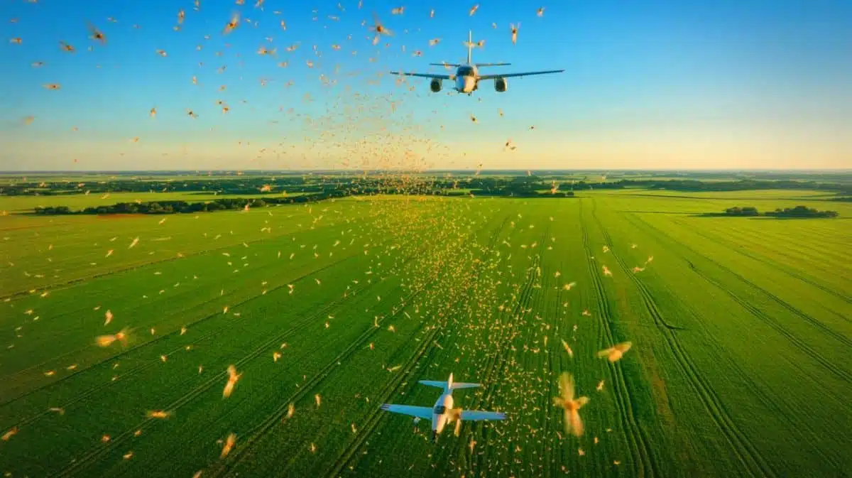 Illustration of USDA's deployment of billions of sterile flies over Mexico and Texas to combat the New World screwworm threat, generated by artificial intelligence.