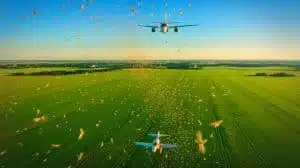 Illustration of USDA's deployment of billions of sterile flies over Mexico and Texas to combat the New World screwworm threat, generated by artificial intelligence.