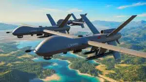 Illustration of L3Harris' Red Wolf and Green Wolf autonomous munitions in action, generated by artificial intelligence.