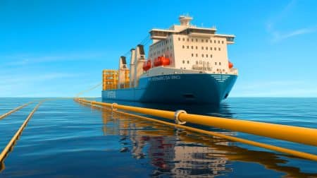 Illustration of the NeuConnect project's cable-laying vessel, Leonardo da Vinci, advancing the UK-Germany energy interconnector, generated by artificial intelligence.