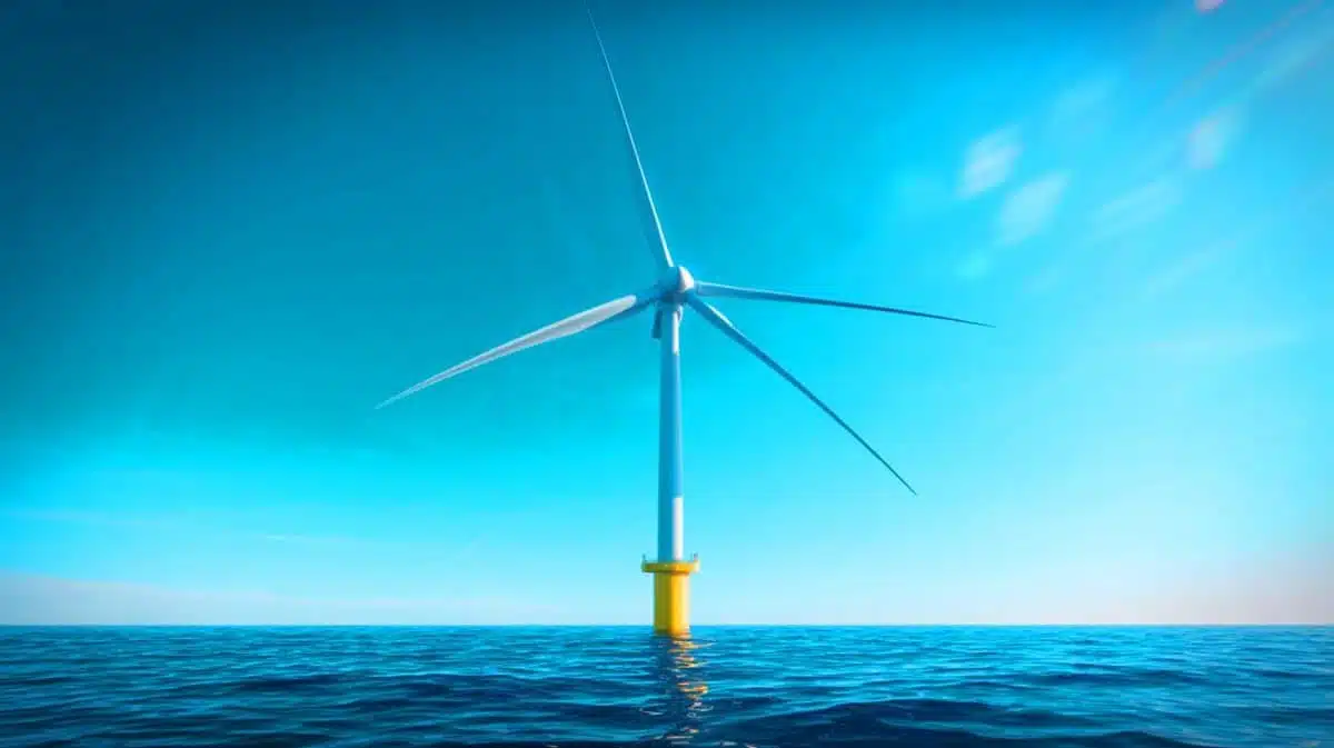 Illustration of GE's Haliade-X wind turbine harnessing offshore wind energy. Image generated by AI.