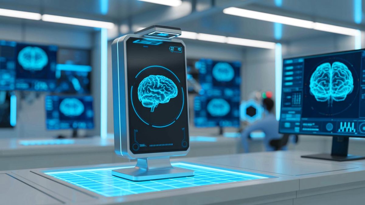 Illustration of Fred Ehrsam presenting Nudge's brain interface technology, generated by artificial intelligence.