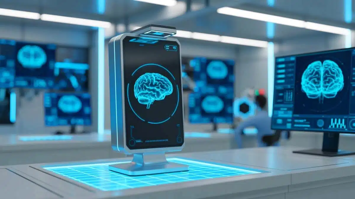 Illustration of Fred Ehrsam presenting Nudge's brain interface technology, generated by artificial intelligence.