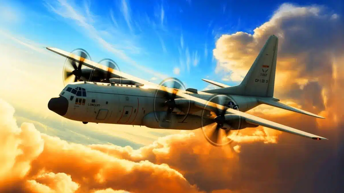 Illustration of the Lockheed C-130J Super Hercules in a strategic military operation, generated by artificial intelligence.