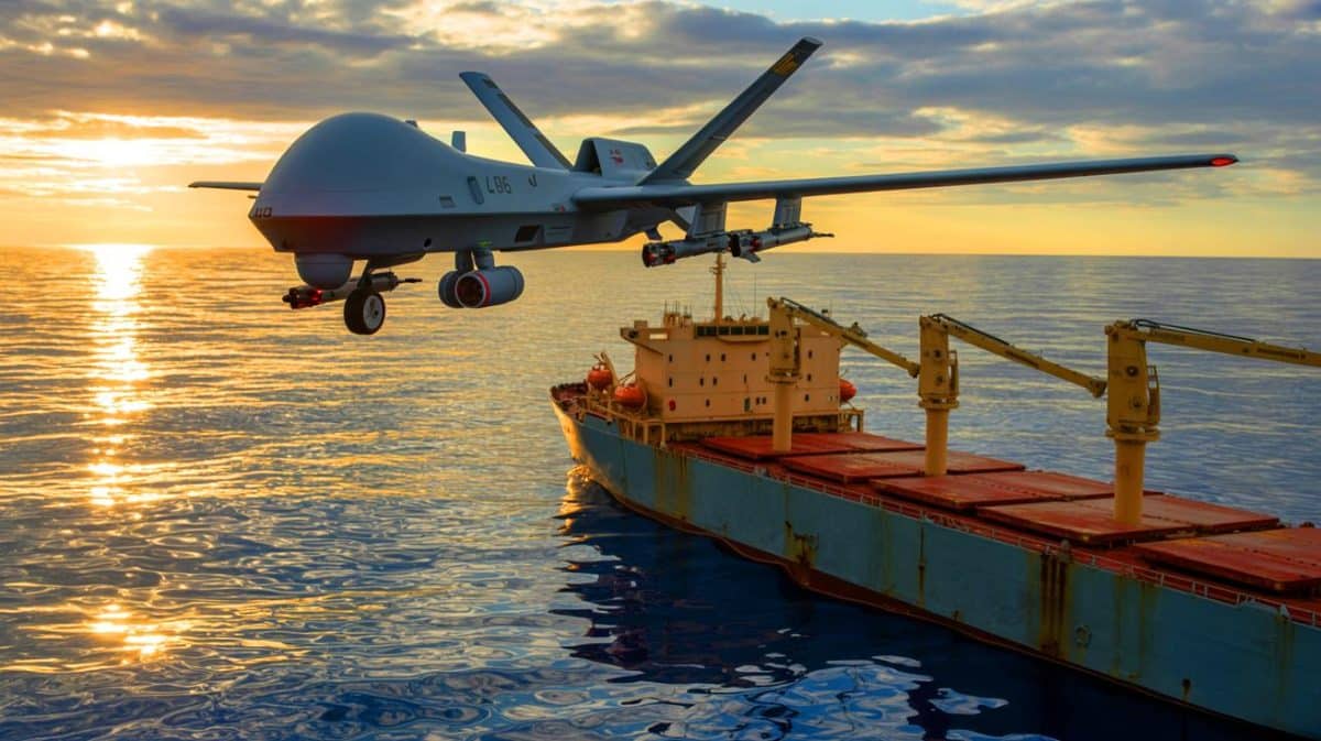 Illustration of an explosive-laden drone striking a decommissioned cargo vessel, generated by artificial intelligence.