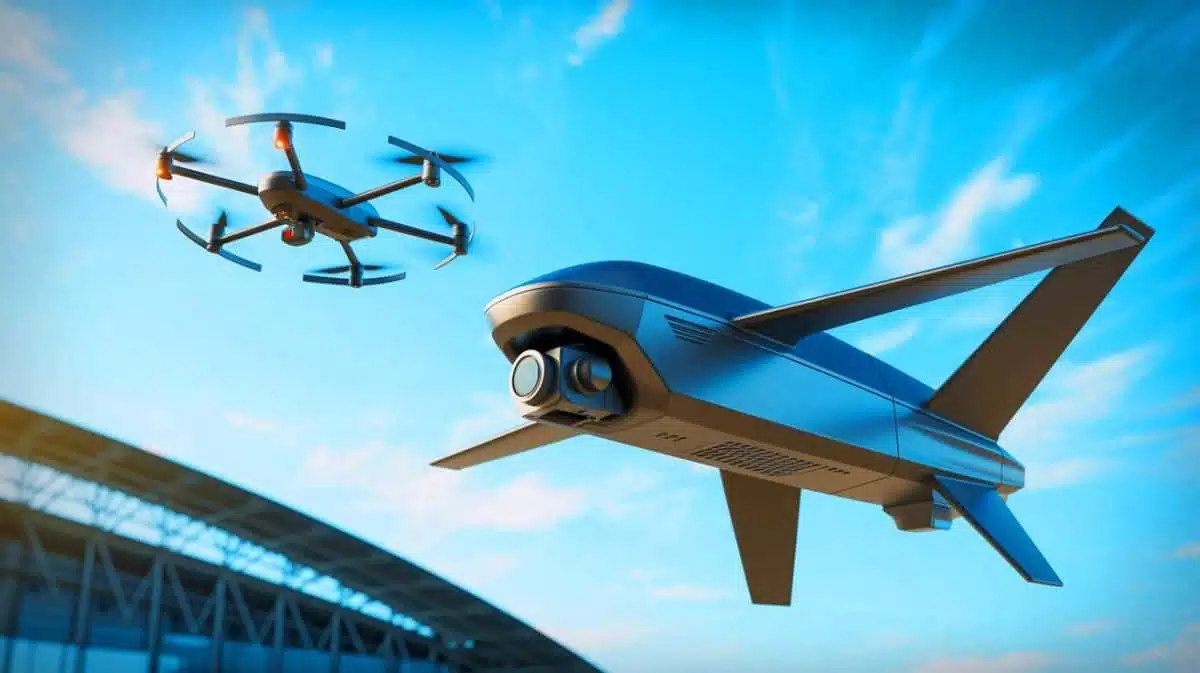 Illustration of advanced anti-drone technology intercepting an unmanned aerial vehicle, generated by artificial intelligence.